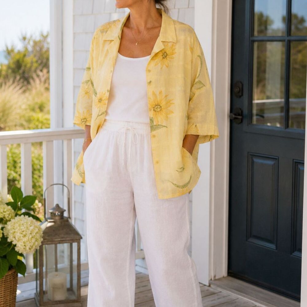 1990s Cottagecore Talbots Sunflower Cotton Shirt Jacket, Vintage Yellow Floral P